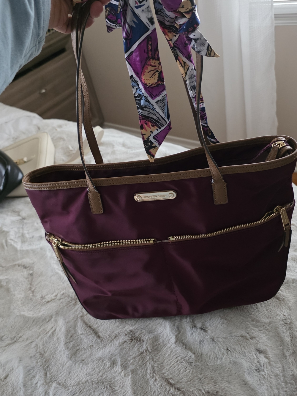 Women’s Tote Bag in Deep Plum with Brown Trim